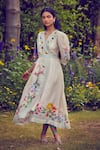 Pozruh by Aiman_Off White Linen Print Floral V-neck Parisian Wrap Dress _Online