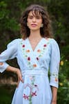 Pozruh by Aiman_Sky Blue Linen Print Floral V-neck Parisian Puff Sleeve Dress _Online