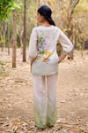 Shop_Pozruh by Aiman_Off White Linen Print Floral Round Neck Aruba Front Pleat Top _at_Aza_Fashions