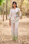 Buy_Pozruh by Aiman_Off White Linen Print Floral Round Neck Aruba Front Pleat Top _Online_at_Aza_Fashions