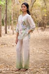 Pozruh by Aiman_Off White Linen Print Floral Round Neck Aruba Front Pleat Top _at_Aza_Fashions