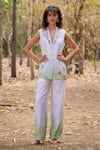 Buy_Pozruh by Aiman_Off White Hemp Print Floral Collar Regina Shell Embroidered Jacket With Pant _at_Aza_Fashions