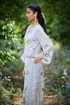 Pozruh by Aiman_Off White Linen Print Floral Round Neck Malibu Straight Kaftan _at_Aza_Fashions