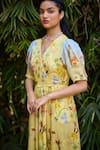 Buy_Pozruh by Aiman_Yellow Vegan Silk Satin Print Floral V-neck Malta Wrap Dress 