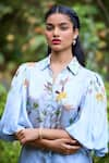 Buy_Pozruh by Aiman_Blue Vegan Silk Satin Print Floral Stand Collar Sicily Shirt 