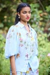 Shop_Pozruh by Aiman_Blue Vegan Silk Satin Print Floral Stand Collar Sicily Shirt 