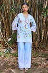 Buy_Pozruh by Aiman_Blue Hemp Print Floral Notched Amalfi Long Top _at_Aza_Fashions