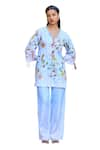 Buy_Pozruh by Aiman_Blue Hemp Print Floral Notched Amalfi Long Top _Online_at_Aza_Fashions