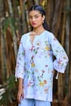 Pozruh by Aiman_Blue Hemp Print Floral Notched Amalfi Long Top _at_Aza_Fashions