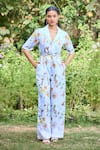 Buy_Pozruh by Aiman_Blue Hemp Print Floral Lapel Collar Sydney Jumpsuit _at_Aza_Fashions