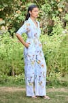 Pozruh by Aiman_Blue Hemp Print Floral Lapel Collar Sydney Jumpsuit _at_Aza_Fashions