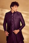 Shop_Alaya Advani_Wine Sherwani And Jacket Silk Embroidered Floral Set _Online_at_Aza_Fashions