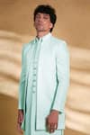 Shop_Alaya Advani_Sky Blue Pant Poly Silk Embroidered Chevron Open Sherwani Set 