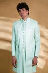 Alaya Advani_Sky Blue Pant Poly Silk Embroidered Chevron Open Sherwani Set _Online