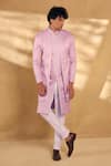 Shop_Alaya Advani_Pink Silk Blend Embroidered Geometric Overlap Panel Sherwani With Pant _at_Aza_Fashions