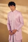 Alaya Advani_Pink Silk Blend Embroidered Geometric Overlap Panel Sherwani With Pant _at_Aza_Fashions