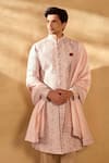 Alaya Advani_Pink Sherwani And Stole Silk Embroidered Floral Jaal Set _Online_at_Aza_Fashions