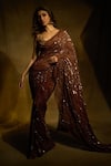 DILNAZ_Brown Chiffon Hand Embroidered Floral Sequin Work Abstract Pattern Saree_at_Aza_Fashions