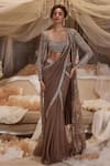 Buy_Roqa_Brown Blouse And Cape Net Embroidery Antares Border Pre-draped Saree Set With _at_Aza_Fashions