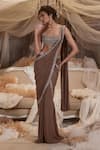 Roqa_Brown Blouse And Cape Net Embroidery Antares Border Pre-draped Saree Set With _Online_at_Aza_Fashions