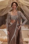 Buy_Roqa_Brown Blouse And Cape Net Embroidery Antares Border Pre-draped Saree Set With _Online_at_Aza_Fashions