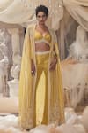 Buy_Roqa_Yellow Bustier And Pant Silk Embroidery Pearl Cape Open Kira Set _at_Aza_Fashions