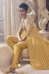 Shop_Roqa_Yellow Bustier And Pant Silk Embroidery Pearl Cape Open Kira Set _Online_at_Aza_Fashions