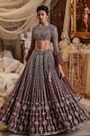 Buy_Roqa_Wine Net Embroidery Cutdana Round Liana Stripe Bridal Lehenga Set _at_Aza_Fashions