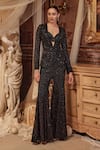 Buy_Roqa_Black Net Embroidery Sequin Open Marcella Jacket Flared Pant Set _at_Aza_Fashions