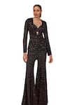 Roqa_Black Net Embroidery Sequin Open Marcella Jacket Flared Pant Set _Online_at_Aza_Fashions