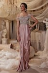 Buy_Roqa_Pink Modal Satin Embroidery 3d Flower Cutwork Merlin Draped Gown _at_Aza_Fashions