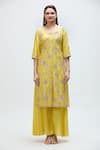 Nakita Singh_Yellow Silk Embroidered Floral Round Gota Straight Kurta Set _Online_at_Aza_Fashions