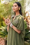 Shop_Seesa_Green Crepe Silk Embroidery Sunflower Mandarin Collar Sleeve Kaftan _Online_at_Aza_Fashions