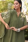 Seesa_Green Crepe Silk Embroidery Sunflower Mandarin Collar Sleeve Kaftan _at_Aza_Fashions