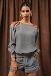 Seesa_Green Silk, Chiffon Embroidery Boat Neck Placement Organza Top _at_Aza_Fashions