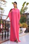 Buy_Seesa_Pink Viscose, Crepe Beads, Applique Collared Placement Leaf Work Kaftan _at_Aza_Fashions