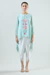 Seams Pret And Couture_Blue Satin Embroidered Thread Round Aadiya Tunic With Tulip Pant _Online_at_Aza_Fashions