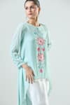 Shop_Seams Pret And Couture_Blue Satin Embroidered Thread Round Aadiya Tunic With Tulip Pant _Online_at_Aza_Fashions