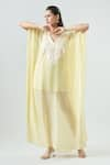 Buy_Seams Pret And Couture_Yellow Georgette Embroidered Thread V-neck Winnie Aura Kaftan Dress _Online_at_Aza_Fashions