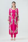 Seams Pret And Couture_Fuchsia Georgette Embroidered Thread Round Pooja Floral Kurta Pant Set _Online_at_Aza_Fashions