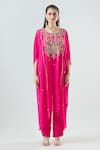 Seams Pret And Couture_Fuchsia Georgette Embroidered Mirror Round Mahera Kaftan With Pant _at_Aza_Fashions