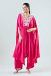 Seams Pret And Couture_Fuchsia Satin Embroidered Thread V-neck Shereen Floral Kaftan With Pant _Online_at_Aza_Fashions