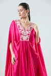 Buy_Seams Pret And Couture_Fuchsia Satin Embroidered Thread V-neck Shereen Floral Kaftan With Pant _Online_at_Aza_Fashions