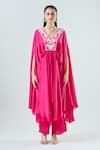 Seams Pret And Couture_Fuchsia Satin Embroidered Thread V-neck Shereen Floral Kaftan With Pant _at_Aza_Fashions