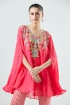 Shop_Seams Pret And Couture_Coral Georgette Embroidered Thread V-neck Saira Tunic With Pant _Online_at_Aza_Fashions