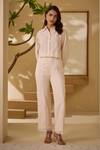 Label Deepika Nagpal_Peach Cotton, Linen Lace Collared Cut-out Shirt With Pant _at_Aza_Fashions