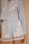 Label Deepika Nagpal Blue Cotton, Linen Embroidery, Lace Collared Floral Detailed Shirt And Shorts Set at Aza Fashions Label Deepika Nagpal_Blue Cotton, Linen Embroidery, Lace Collared Floral Detailed Shirt And Shorts Set _at_Aza_Fashions