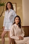 Shop Label Deepika Nagpal Blue Cotton, Linen Embroidery, Lace Collared Floral Detailed Shirt And Shorts Set Shop_Label Deepika Nagpal_Blue Cotton, Linen Embroidery, Lace Collared Floral Detailed Shirt And Shorts Set