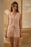 Buy_Label Deepika Nagpal_Pink Flora Mesh Embroidered Lace V Neck Vest With Shorts _at_Aza_Fashions