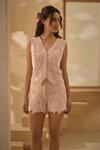 Label Deepika Nagpal_Pink Flora Mesh Embroidered Lace V Neck Vest With Shorts _Online_at_Aza_Fashions